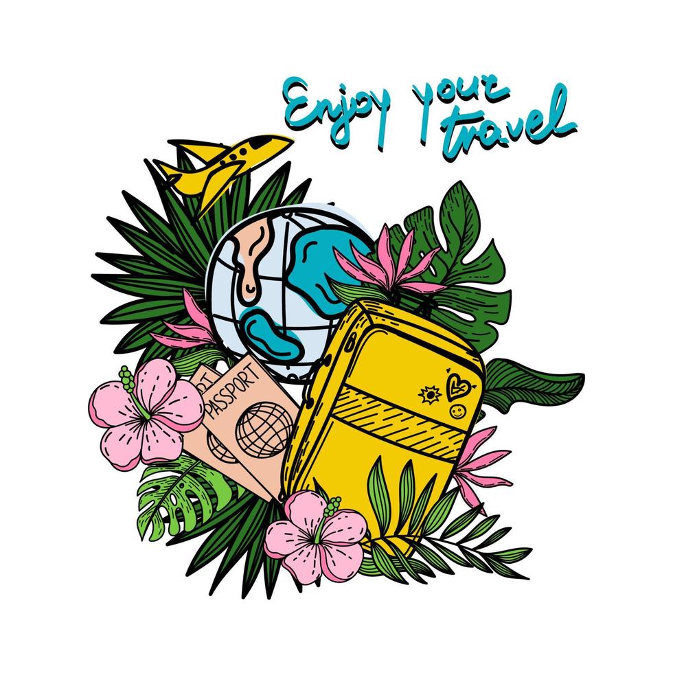 Enjoy your journey. Motivational header. Travel banner with cartoon suitcase, passports and tropical flowers and leaves. Flying airplane around the Earth. Vector illustration in flat design