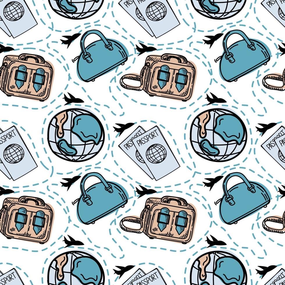 Seamless pattern of different kinds of luggage, hand-drawn in sketch style. Vector illustration. Large suitcase and hand luggage, handbag. Flying airplane