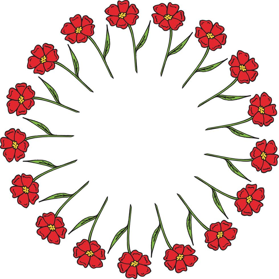 Round frame made of red flowers. Romantic wreath on white background for your design vector