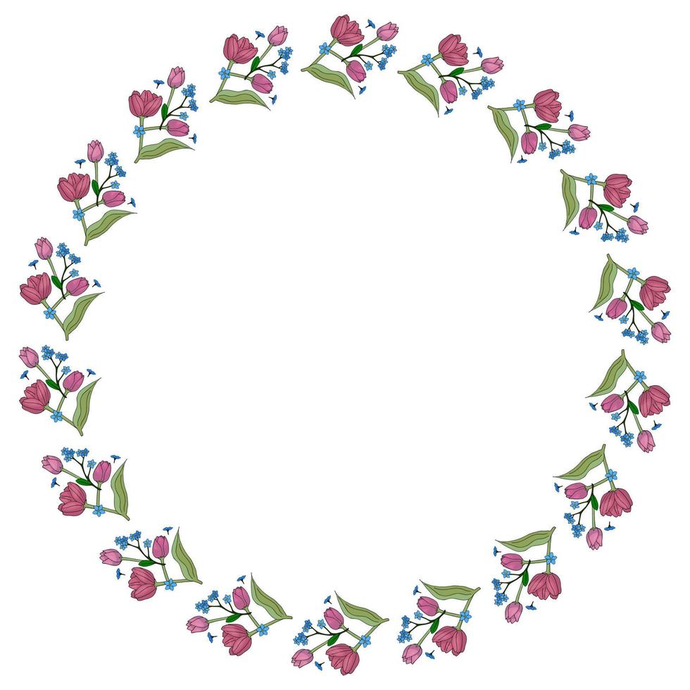 Round frame with horizontal blue flowers forget-me-not and pink tulips on white background. Vector image.