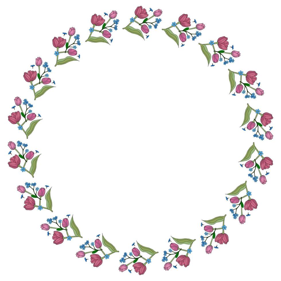 Round frame with horizontal blue flowers forget-me-not and pink tulips on white background. Vector image.