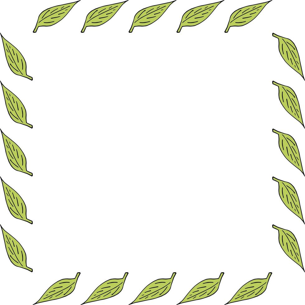Square frame with green leaves on white background. Vector image.