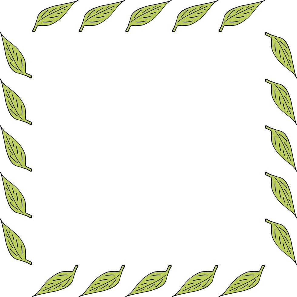 Square frame with green leaves on white background. Vector image.