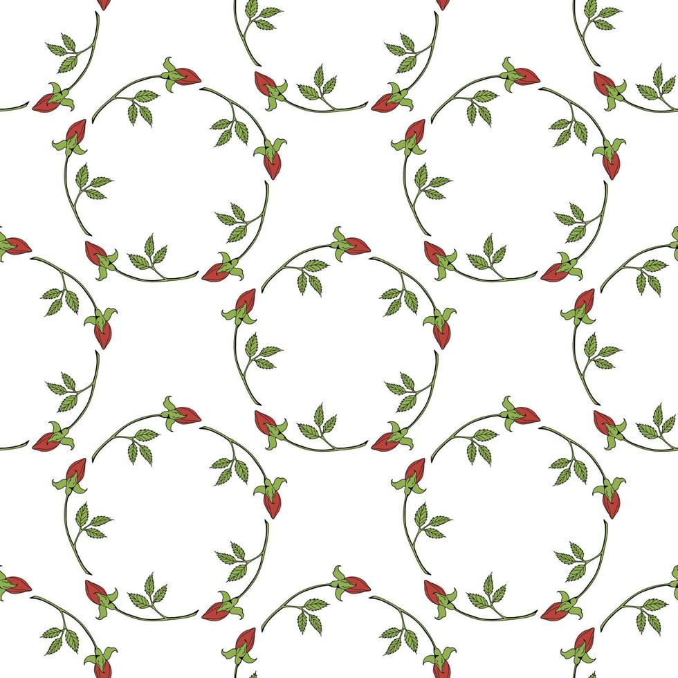 Seamless pattern with round frames of red rose buds on white background. Vector image.