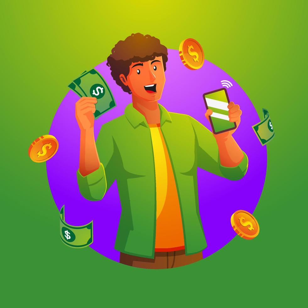 a man holding a smartphone and dollars vector