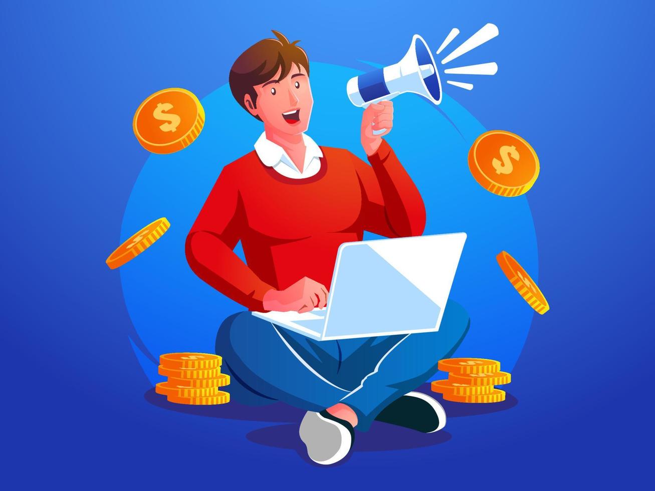 a man holding megaphone loudspeaker with laptop making a lot of money vector