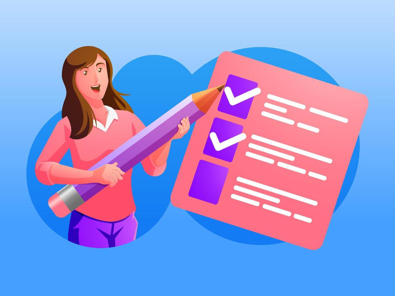 a woman holding a pencil on a checklist complete with a check mark goal concept vector