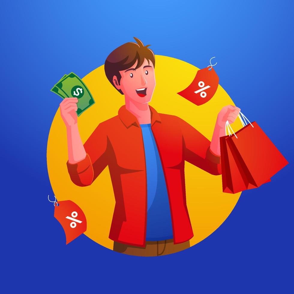 a shopping man holding a shopping bag and money vector