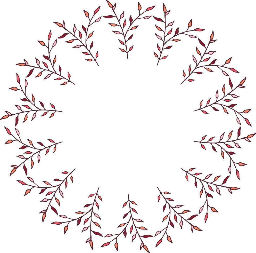 Round frame made of vertical red and pink leaves on a branch. Romantic wreath on white background for your design. vector
