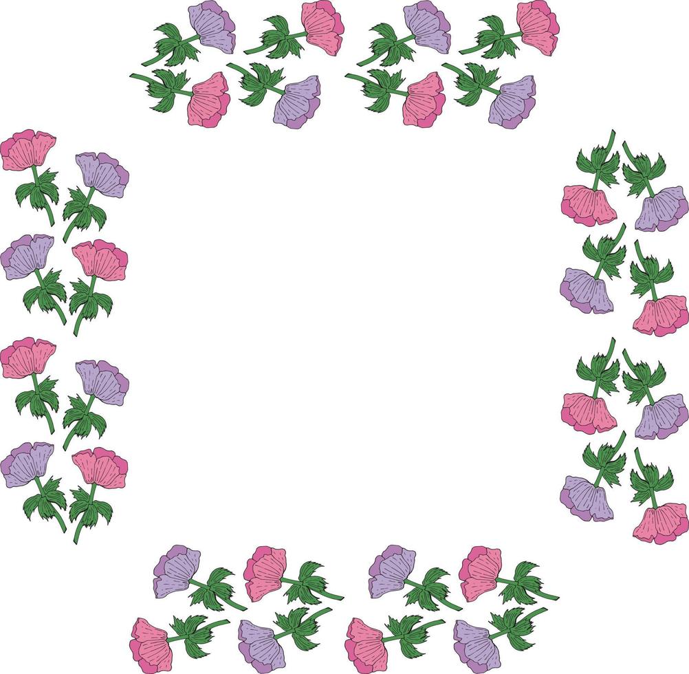 Square frame made of violet and pink anemones. Flowers on white background for your design vector