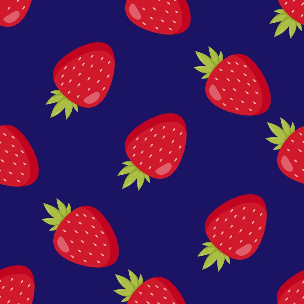 Seamless pattern with awesome strawberry on dark blue background. Vector image.