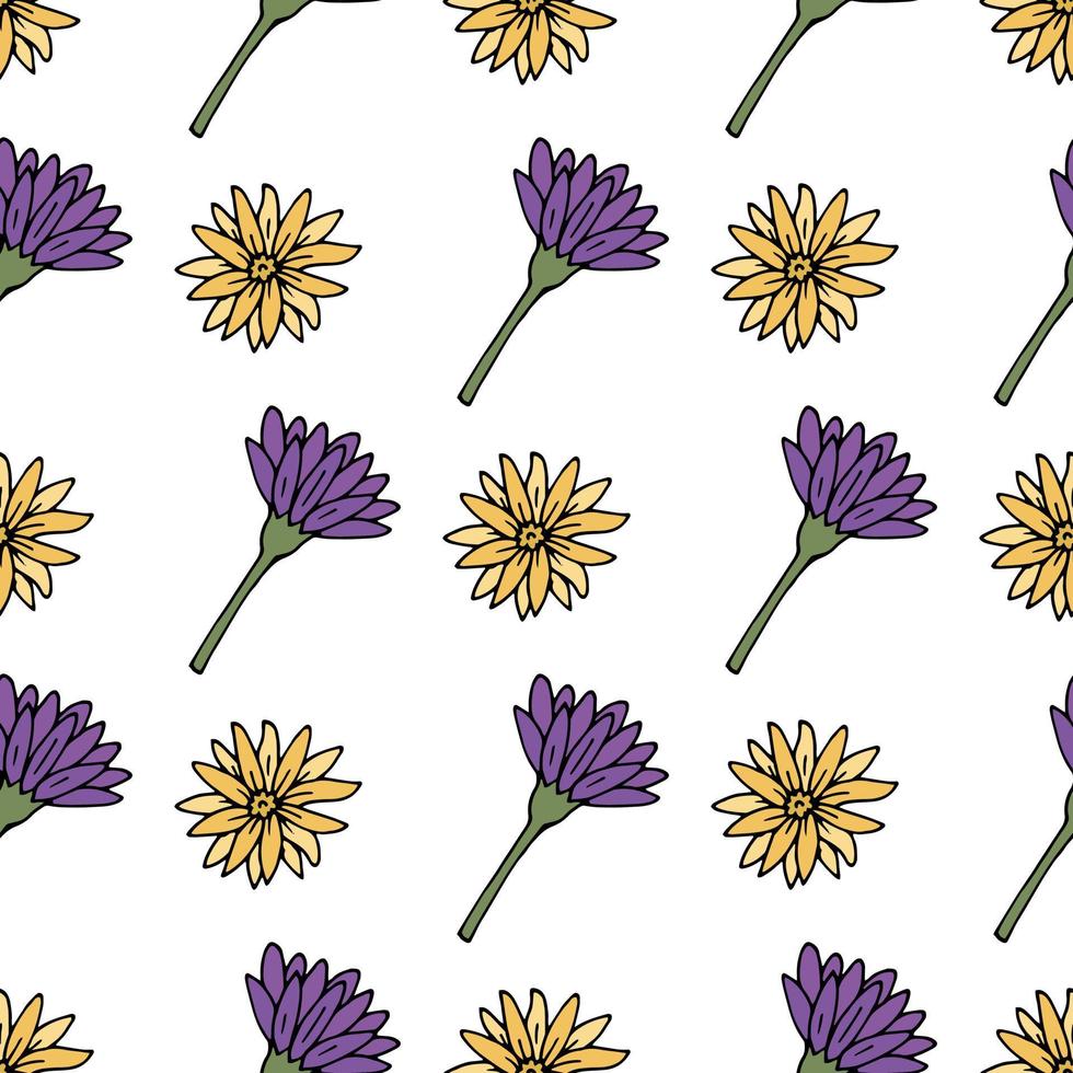 Seamless pattern with yellow and violet flowers on white background. Vector image.