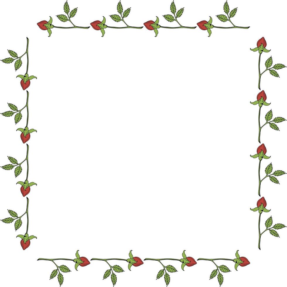 Square frame with horizontal red rose buds on white background. Vector image.