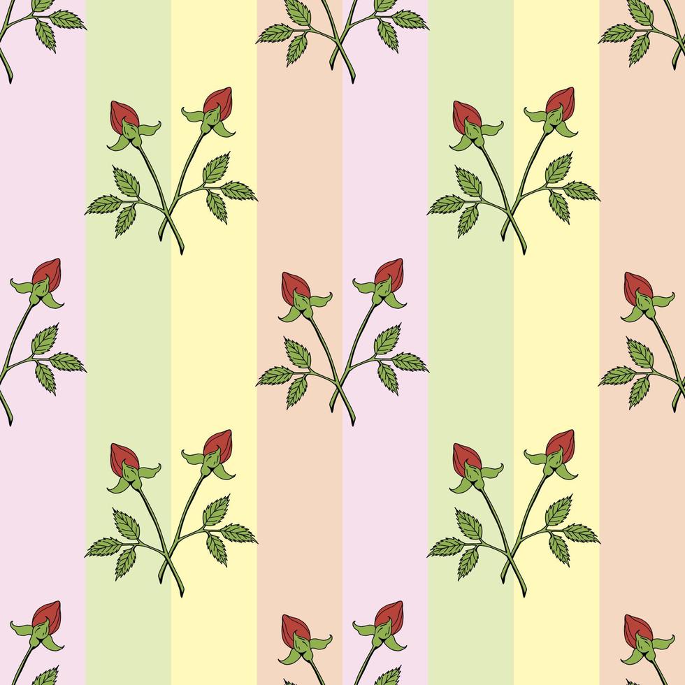 Seamless pattern with red rose buds on pastel multicolored background. Vector image.