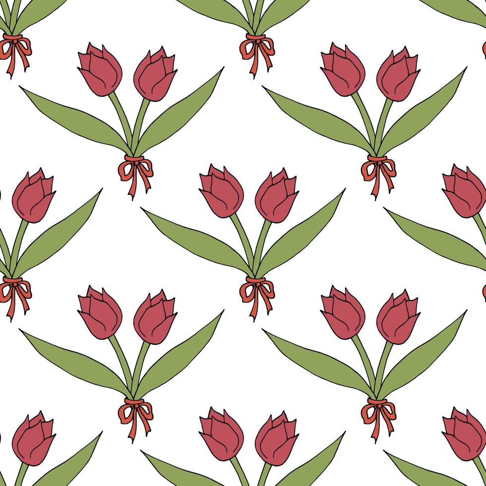 Seamless pattern with creative bright pink tulips on white background. Vector image. Beautiful flowers.