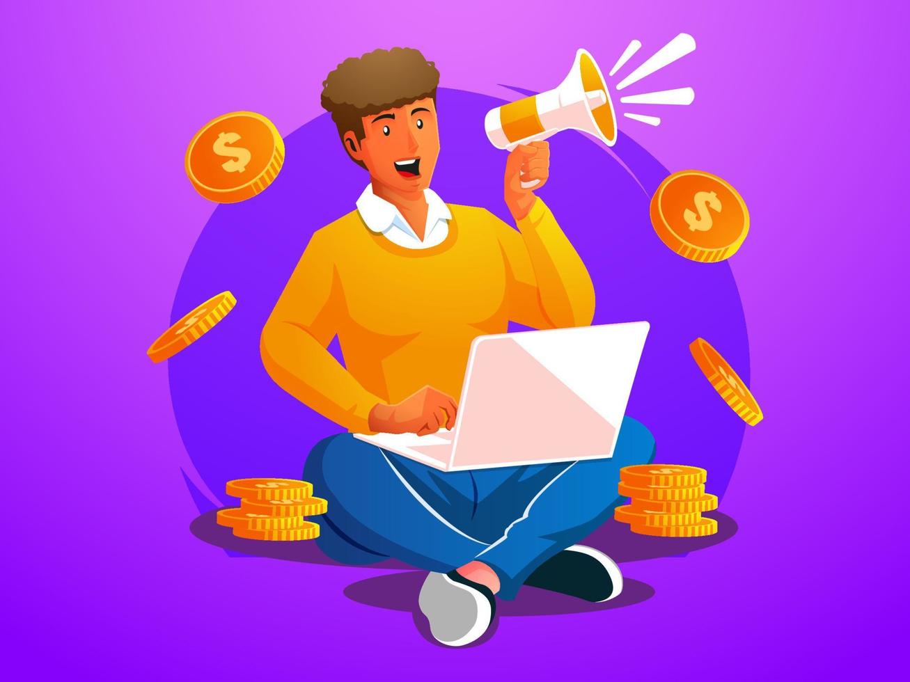 a man holding megaphone loudspeaker with laptop making a lot of money vector