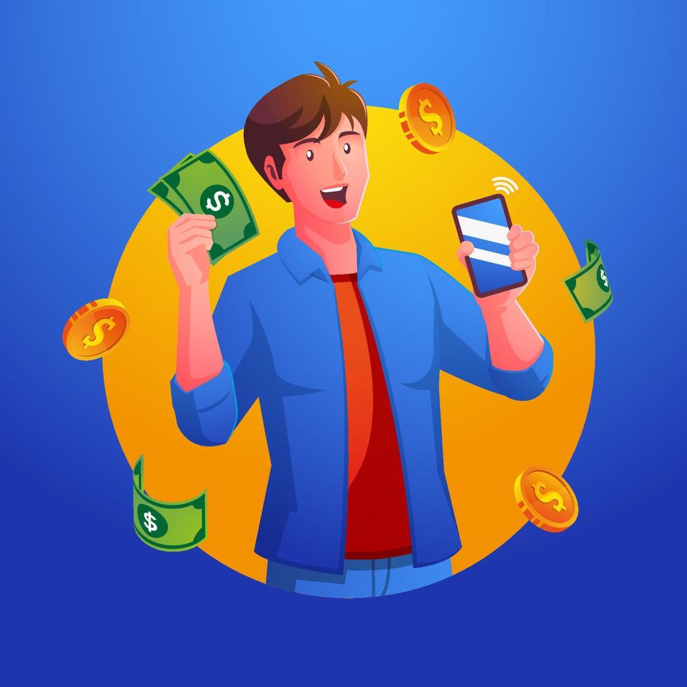 a man holding a smartphone and dollars vector