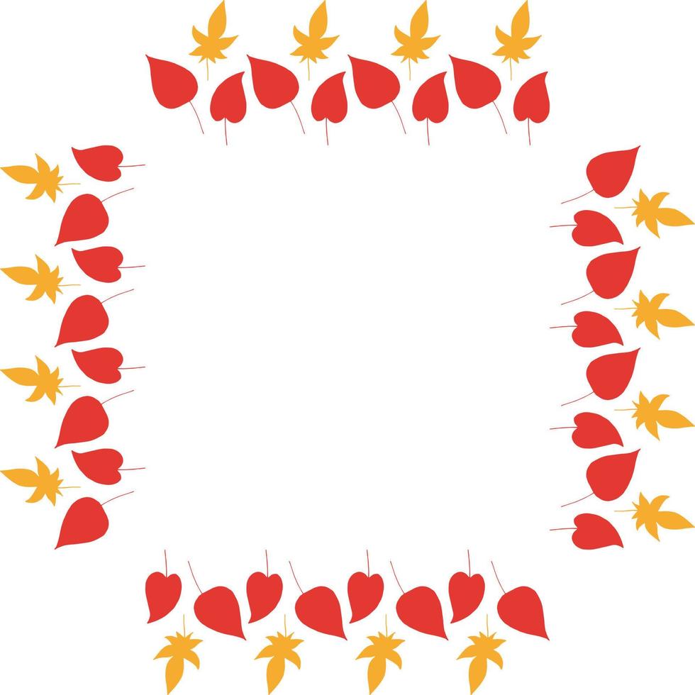 Square frame with cozy vertical red and orange leaves on white background. Isolated wreath for your design. vector