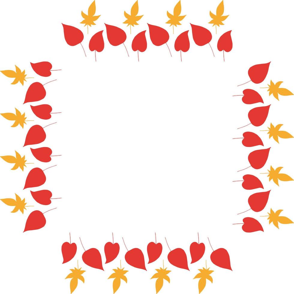 Square frame with cozy vertical red and orange leaves on white background. Isolated wreath for your design. vector