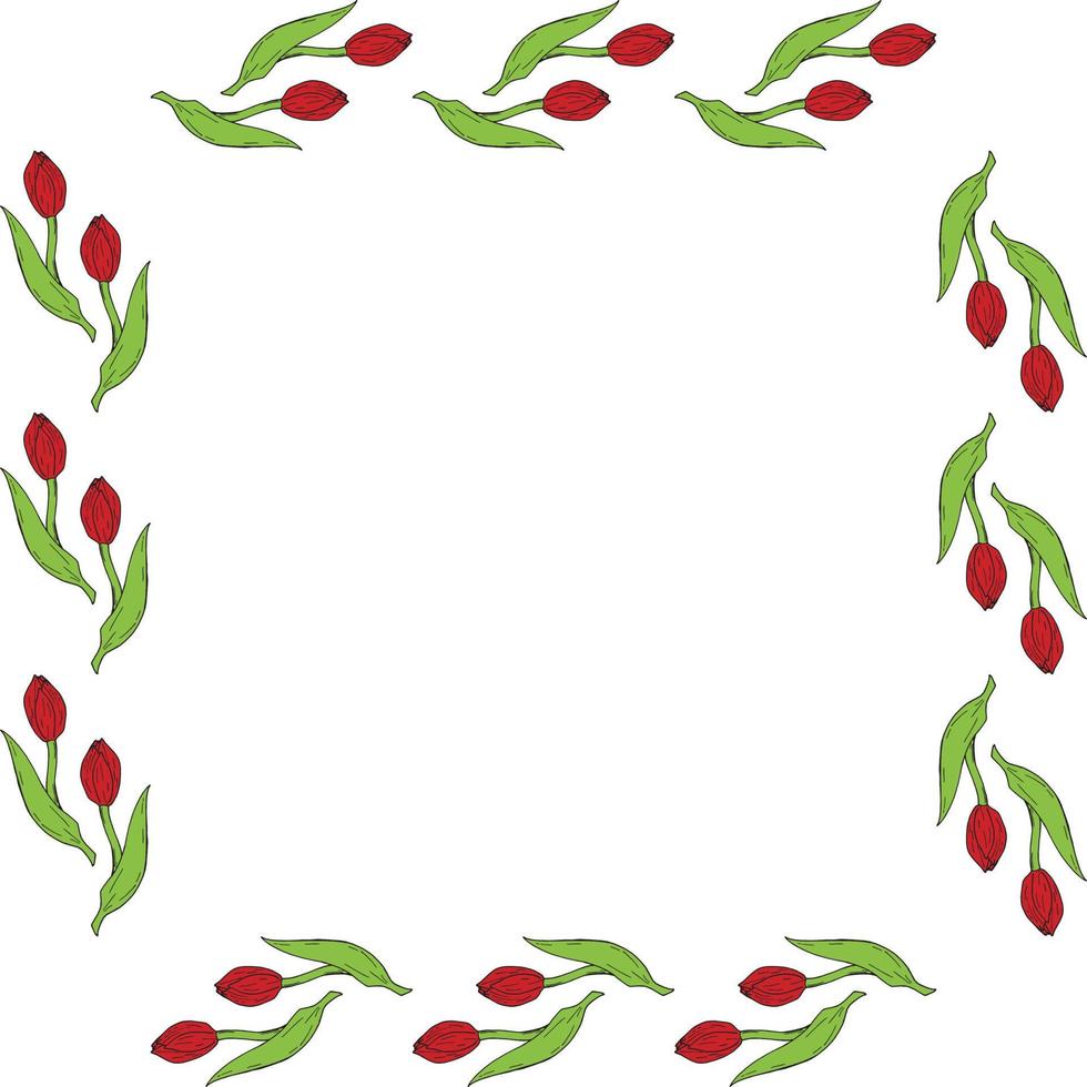 Square frame with red tulips. Isolated frame with flowers on white background. Vector image.