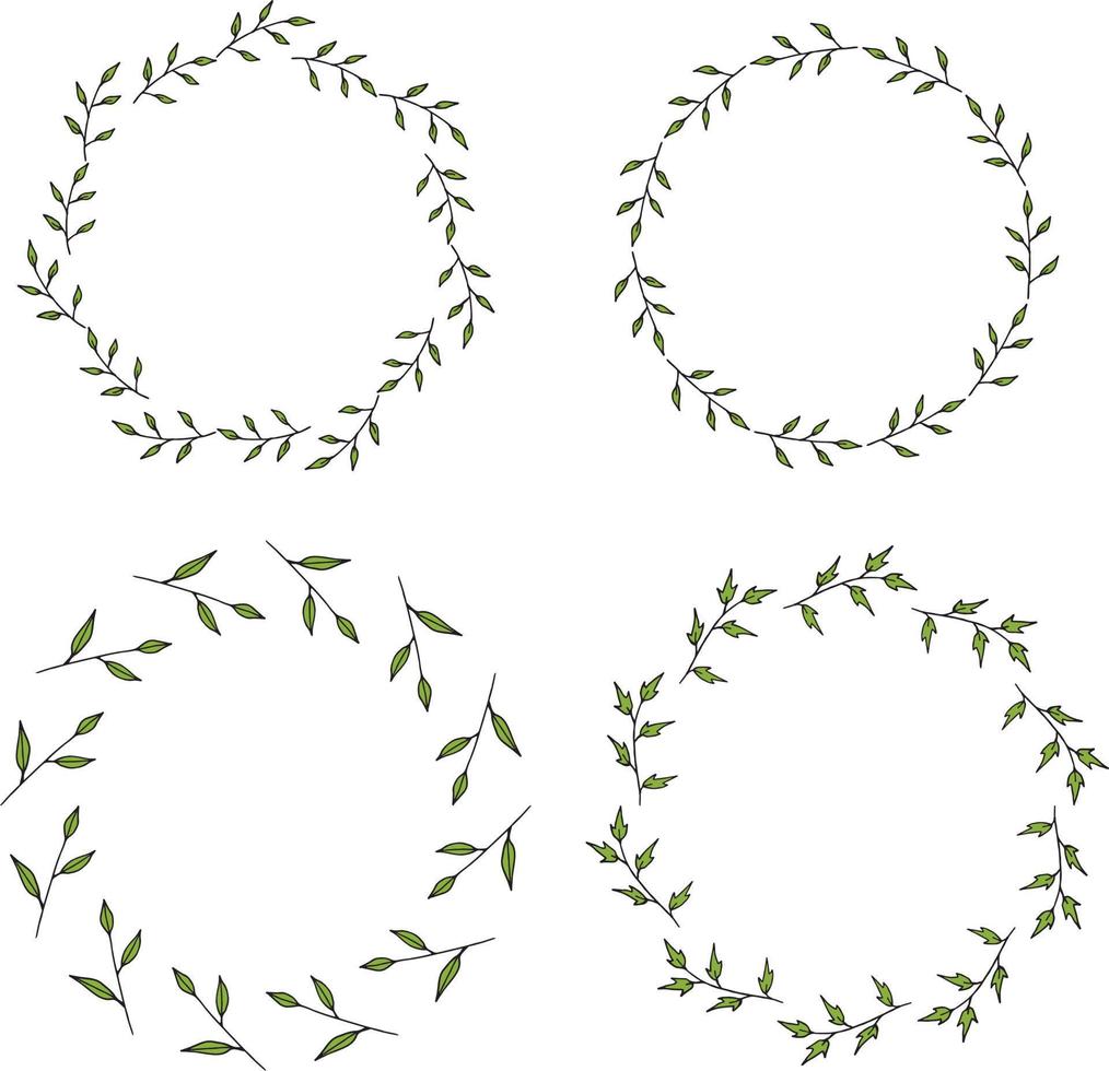 Four round frames made of green branches with leaves. Wreaths on white background for your design vector