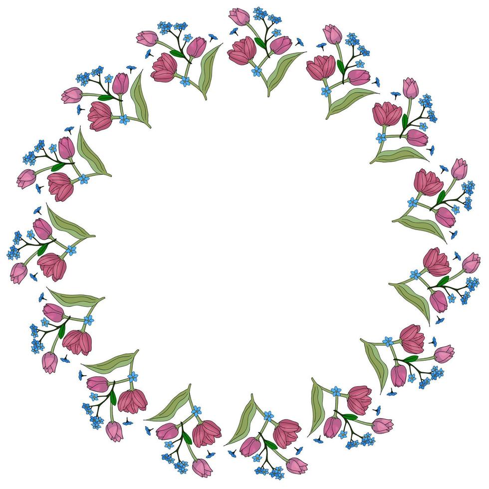 Round frame with vertical blue flowers forget-me-not and pink tulips on white background. Vector image.