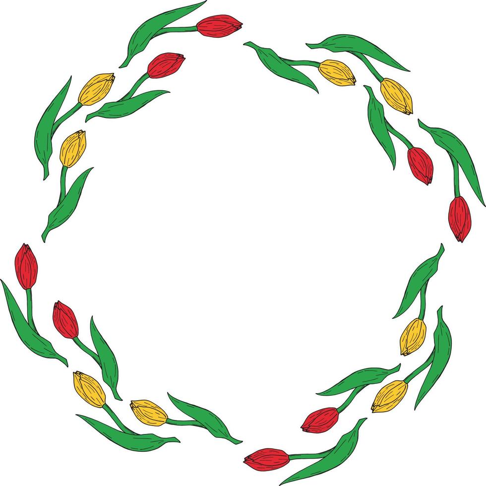 Round frame made of red and yellow tulips. Romantic wreath on white background vector