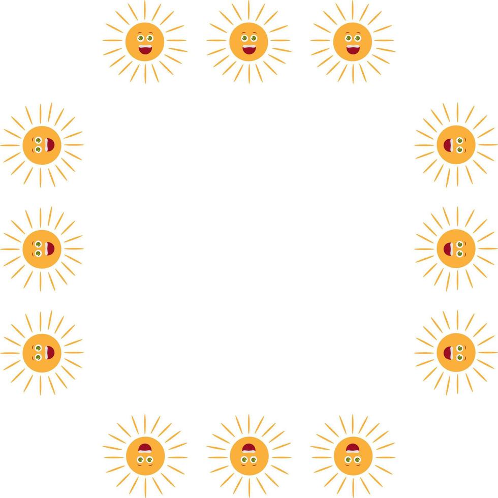 Square frame with smiling sun on white background. Vector image.