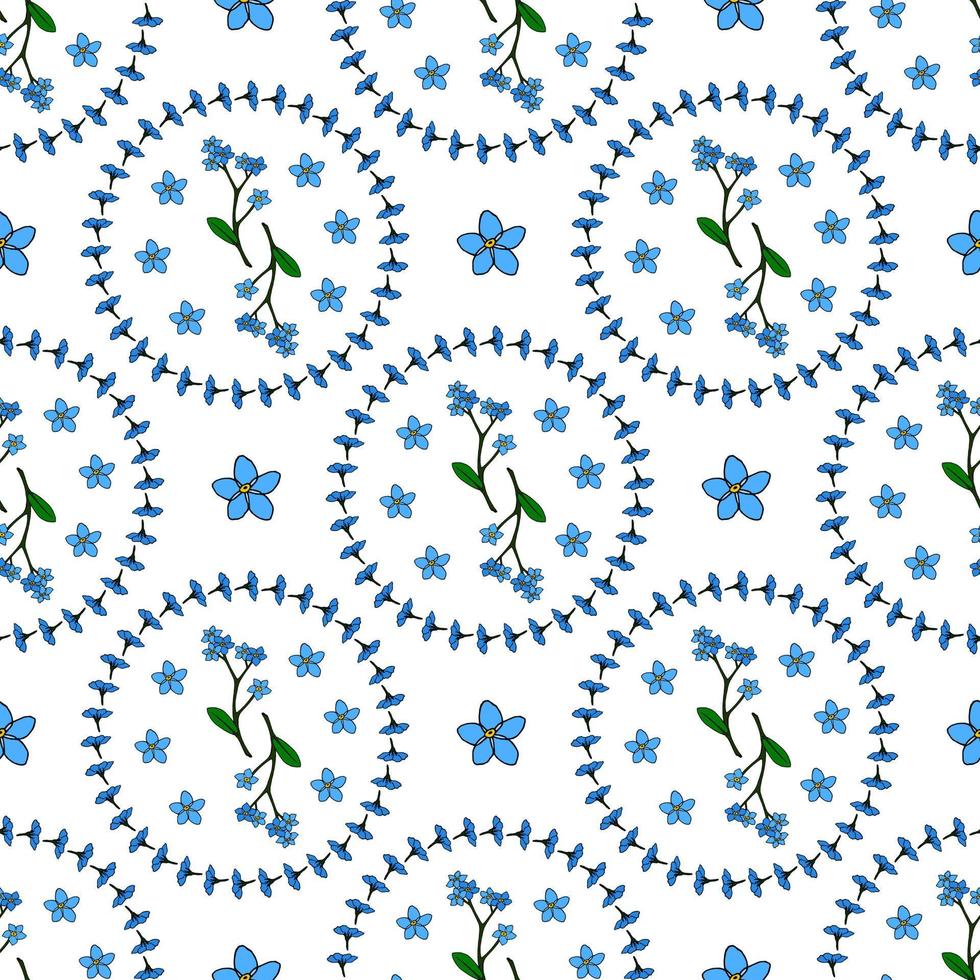 Seamless pattern with fascinating flowers forget-me-not on white background.  Vector image.