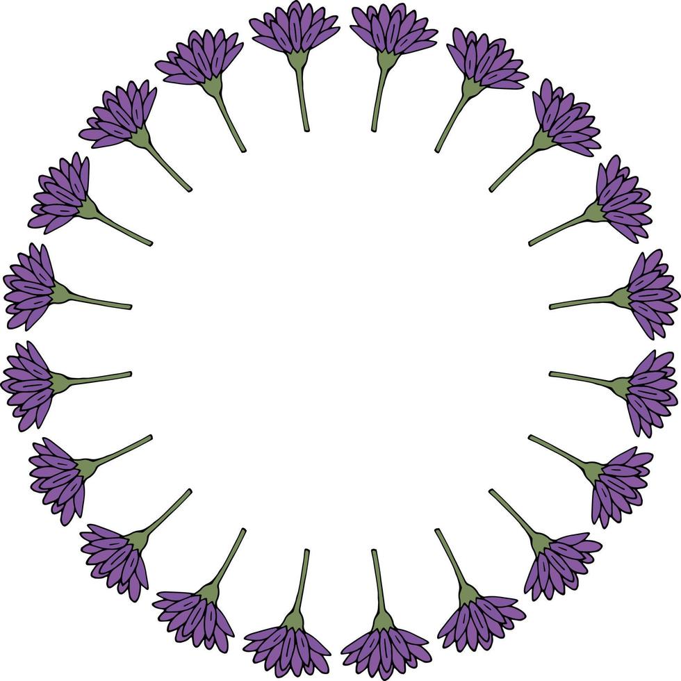 Round frame with vertical violet flowers on white background. Vector image.