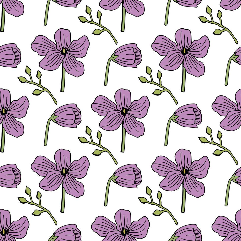 Seamless pattern with creative purple flowers on white background. Vector image.