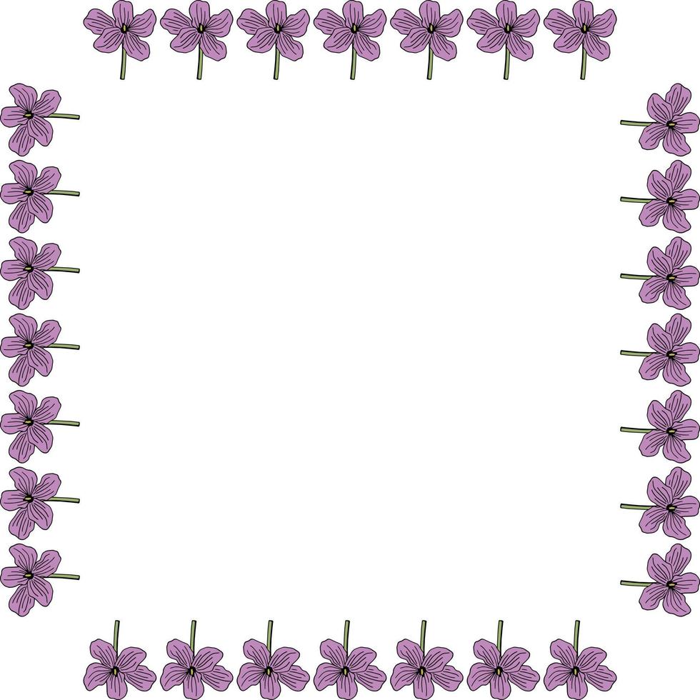 Square frame with purple flowers on white background. Vector image.