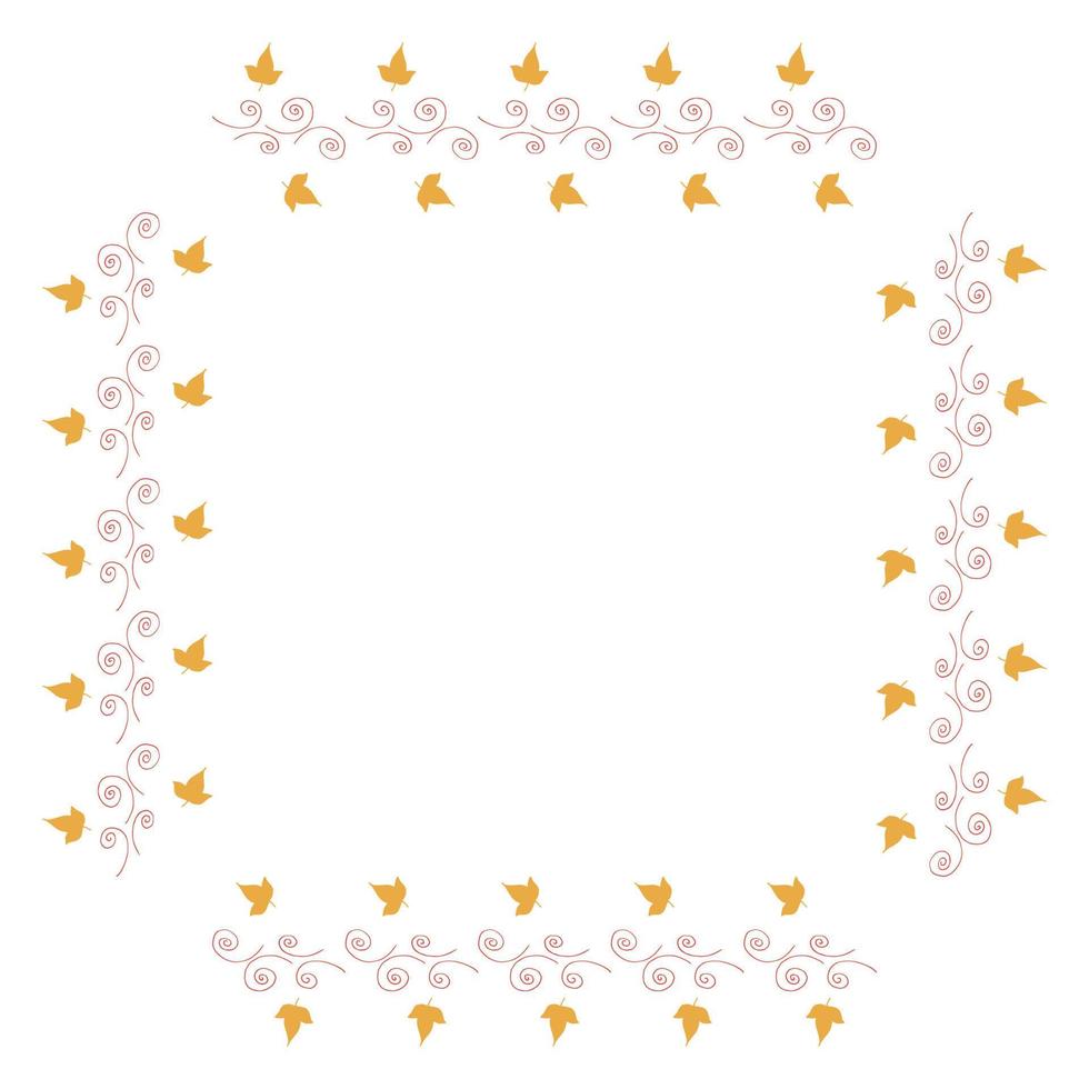 Square frame with horizontal little yellow leaves and decorative elements on white background. Isolated wreath for your design. vector