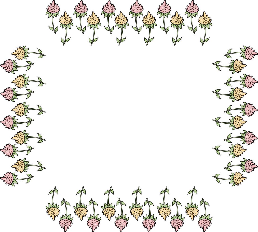 Square frame made of pink and yellow flower doodles. Festive flower border for your design. vector