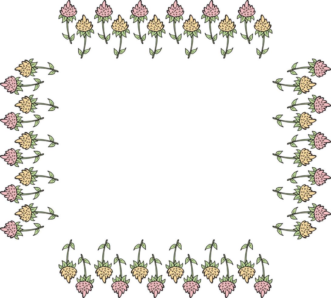 Square frame made of pink and yellow flower doodles. Festive flower border for your design. vector