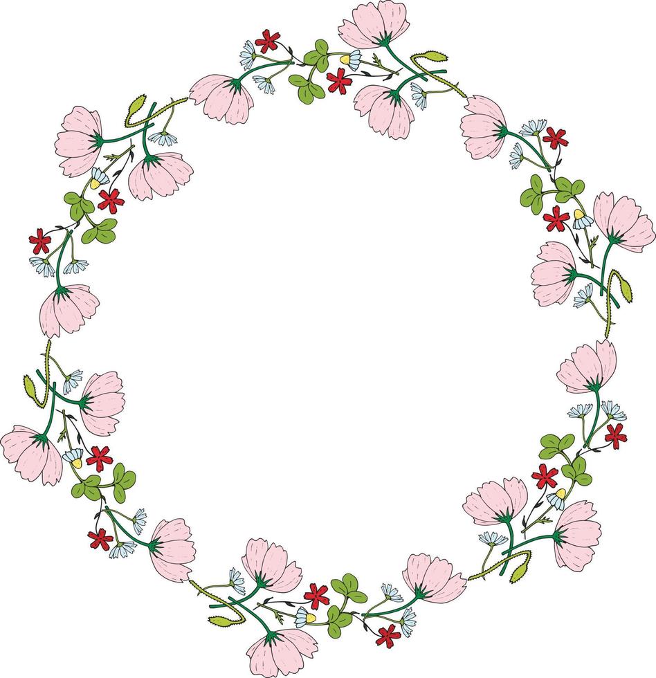 Round frame made of cosmos, clover, chamomile, carnation and poppy buds. Romantic floral wreath on white background. Festive floral circle for your design - 1 vector