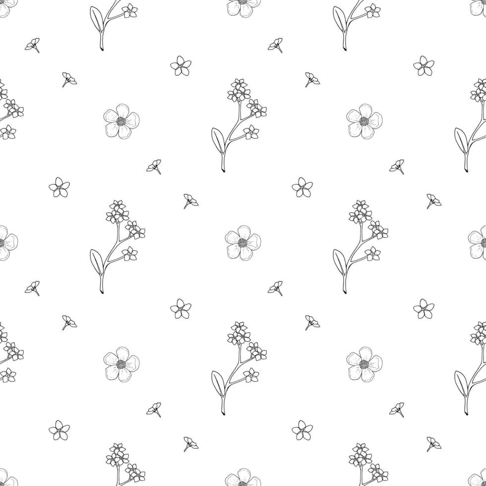 Seamless pattern with black-and white flowers forget-me-not and buttercup for fabric, textile, clothes, tablecloth and other things. Vector image.