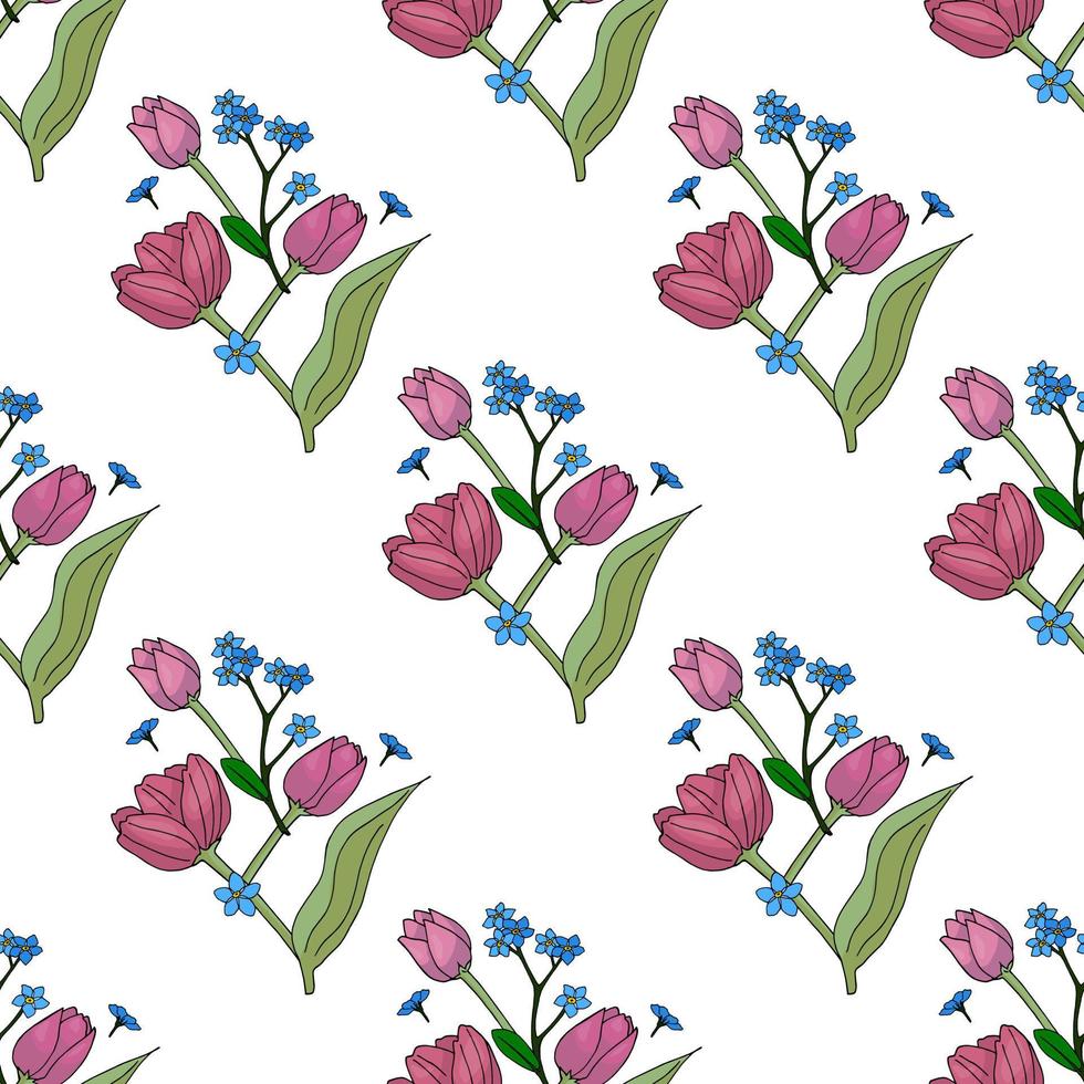 Seamless pattern with blue flowers forget-me-not and pink tulips for fabric, textile, clothes, tablecloth and other things. Vector image.