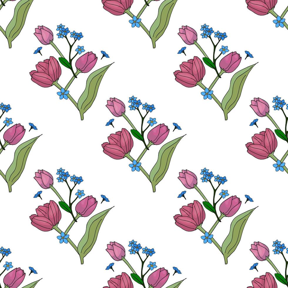 Seamless pattern with blue flowers forget-me-not and pink tulips for fabric, textile, clothes, tablecloth and other things. Vector image.