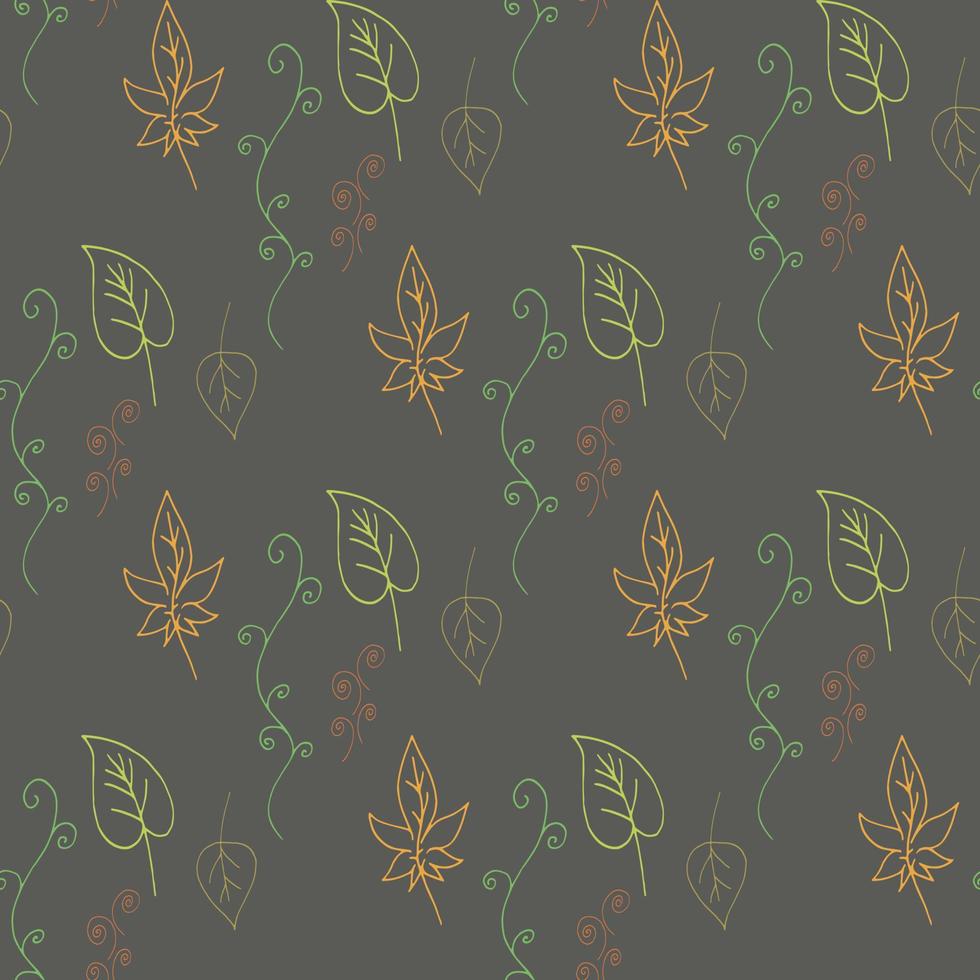 Seamless pattern with exquisite multicolored leaves and decorative elements on gray background for  fabric, textile, clothes, blanket, scrapbooking and other things. Vector image.