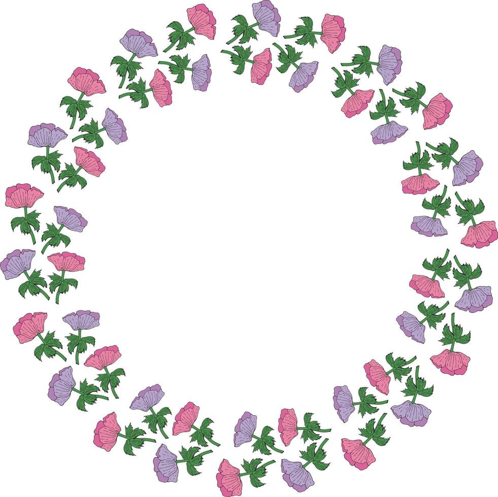 Round frame made of violet and pink anemones. Romantic wreath on white background for your design vector