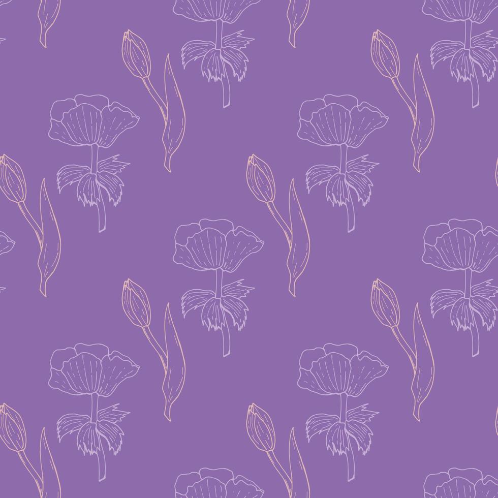 Seamless pattern with exquisite light pink tulips and light violet anemone flowers on violet background for  fabric, textile, clothes, blanket, scrapbooking and other things. Vector image.