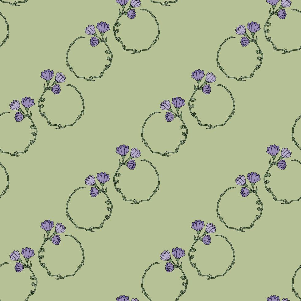 Seamless pattern with flower wreaths with violet flowers on green background 02.  Vector image.