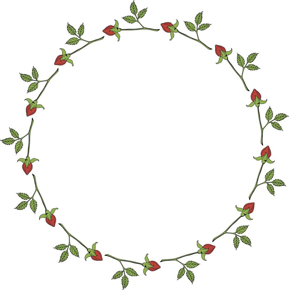 Round frame with horizontal red rose buds on white background. Vector image.