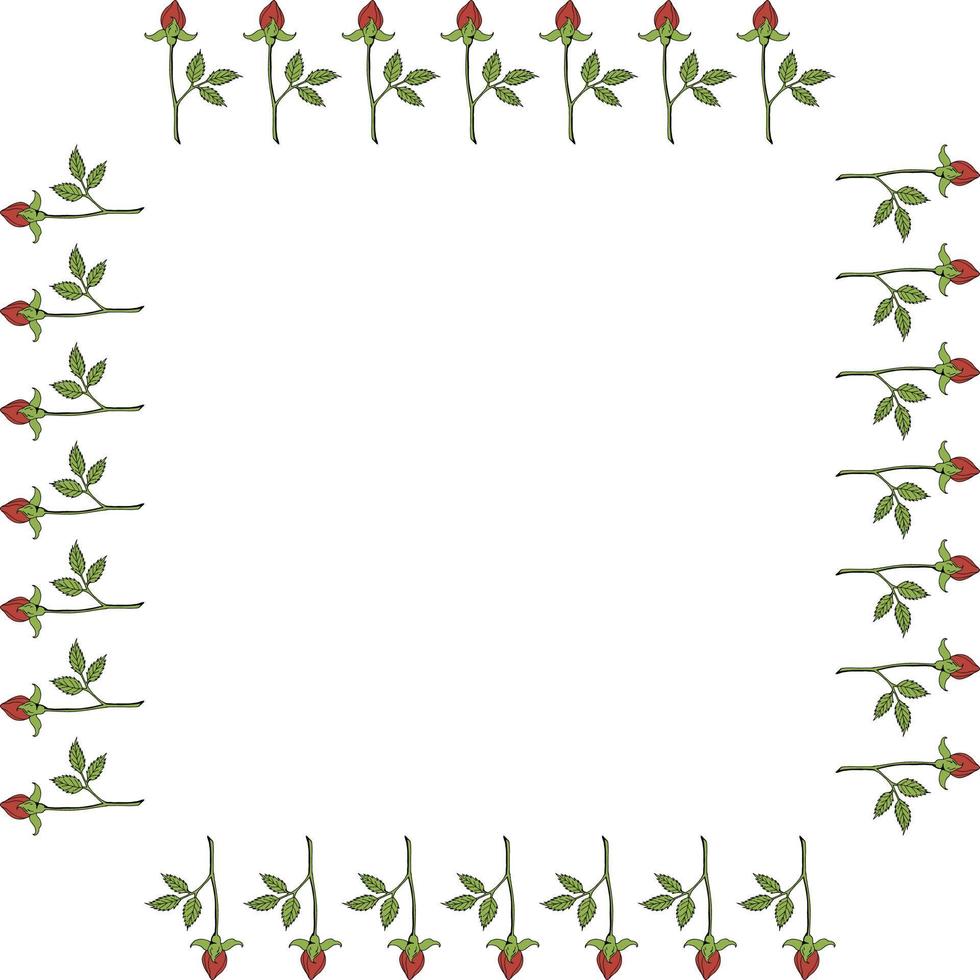 Square frame with vertical red rose buds on white background. Vector image.