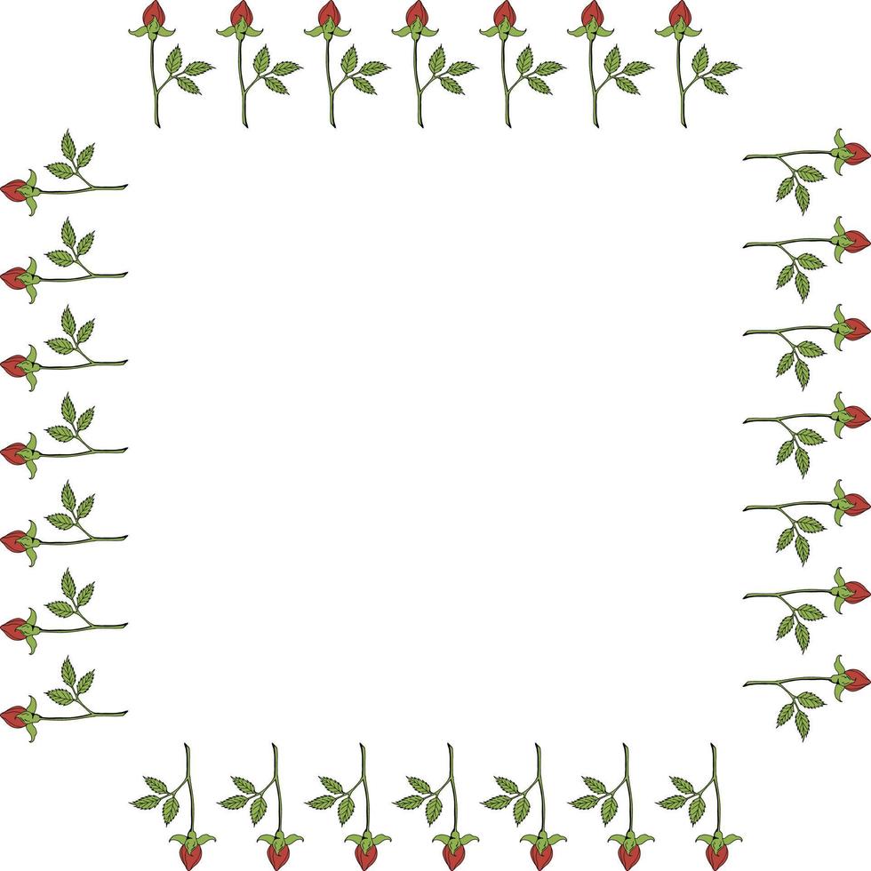 Square frame with vertical red rose buds on white background. Vector image.