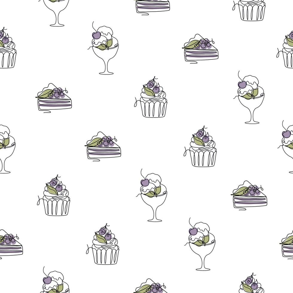 Seamless pattern with line art style desserts - cake, pie, ice cream. Vector texture on white background. Cute minimalistic illustration for fabric, textile, wrapping, scrapbooking.