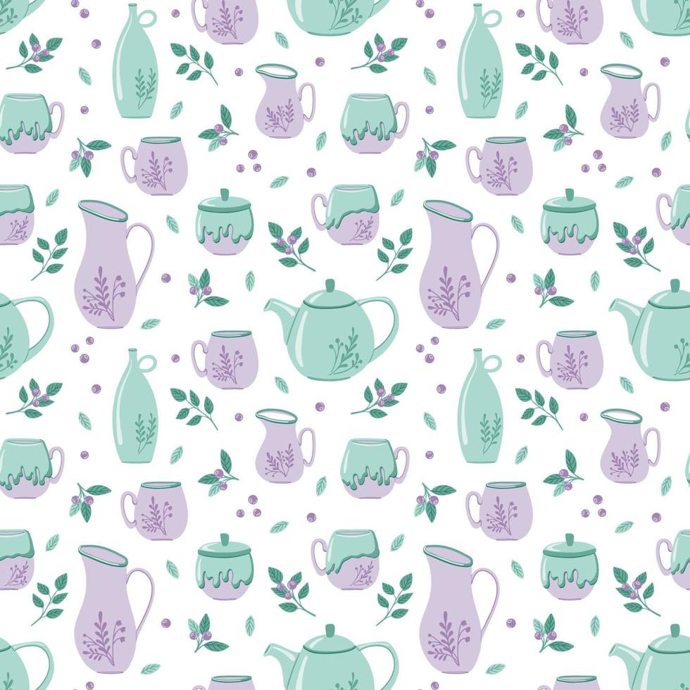 Ceramic kitchenware seamless pattern. Hand drawn tableware with decoration around isolated on white background. Vector illustration for pottery workshops, ceramic studio,  home decor concept.