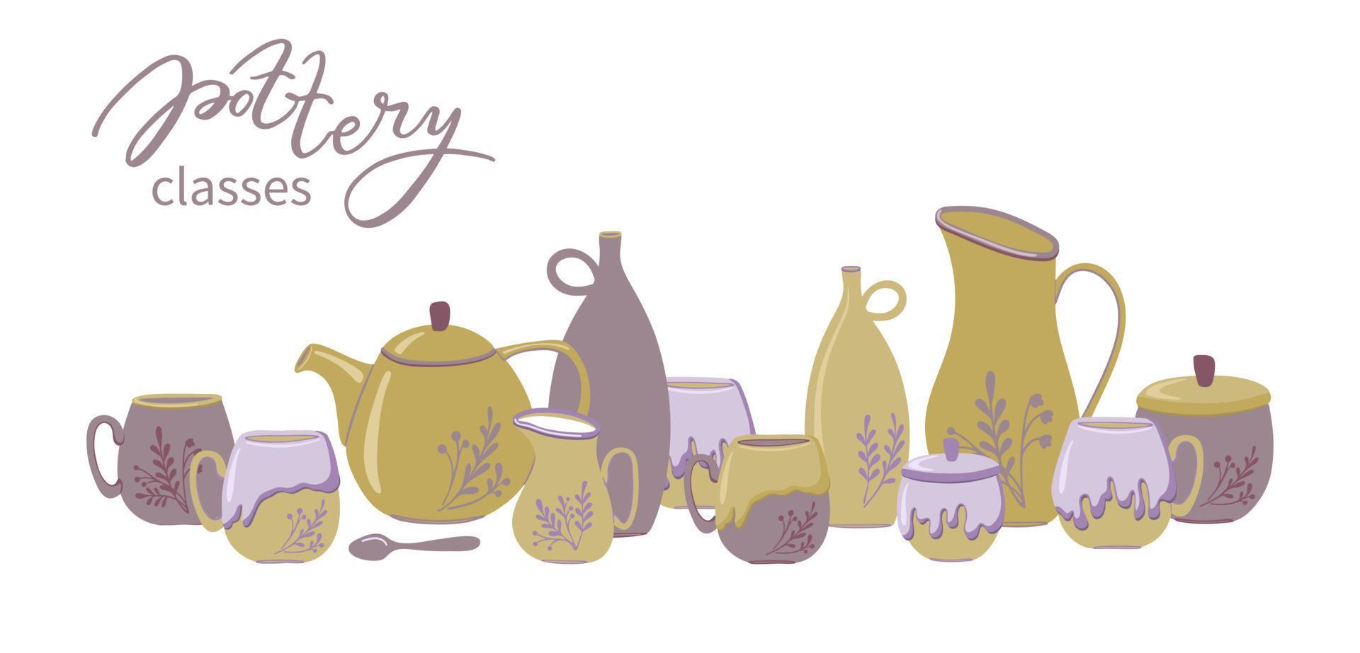 Pottery classes. Set of handmade kitchenware. Hand drawn vector illustration for ceramic studio.