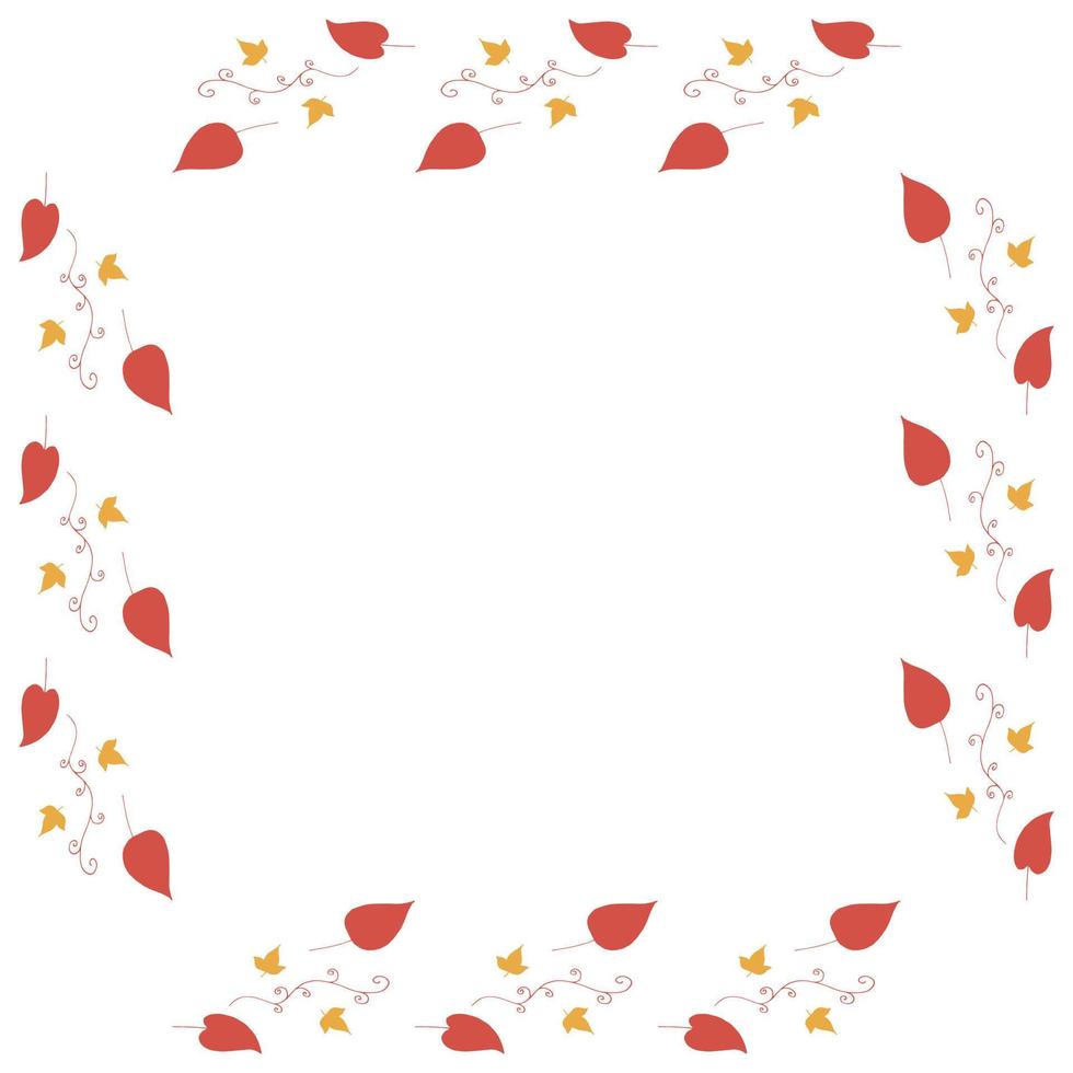 Square frame with horizontal red leaves, decorative elements and little yellow leaves on white background. Isolated wreath for your design. vector